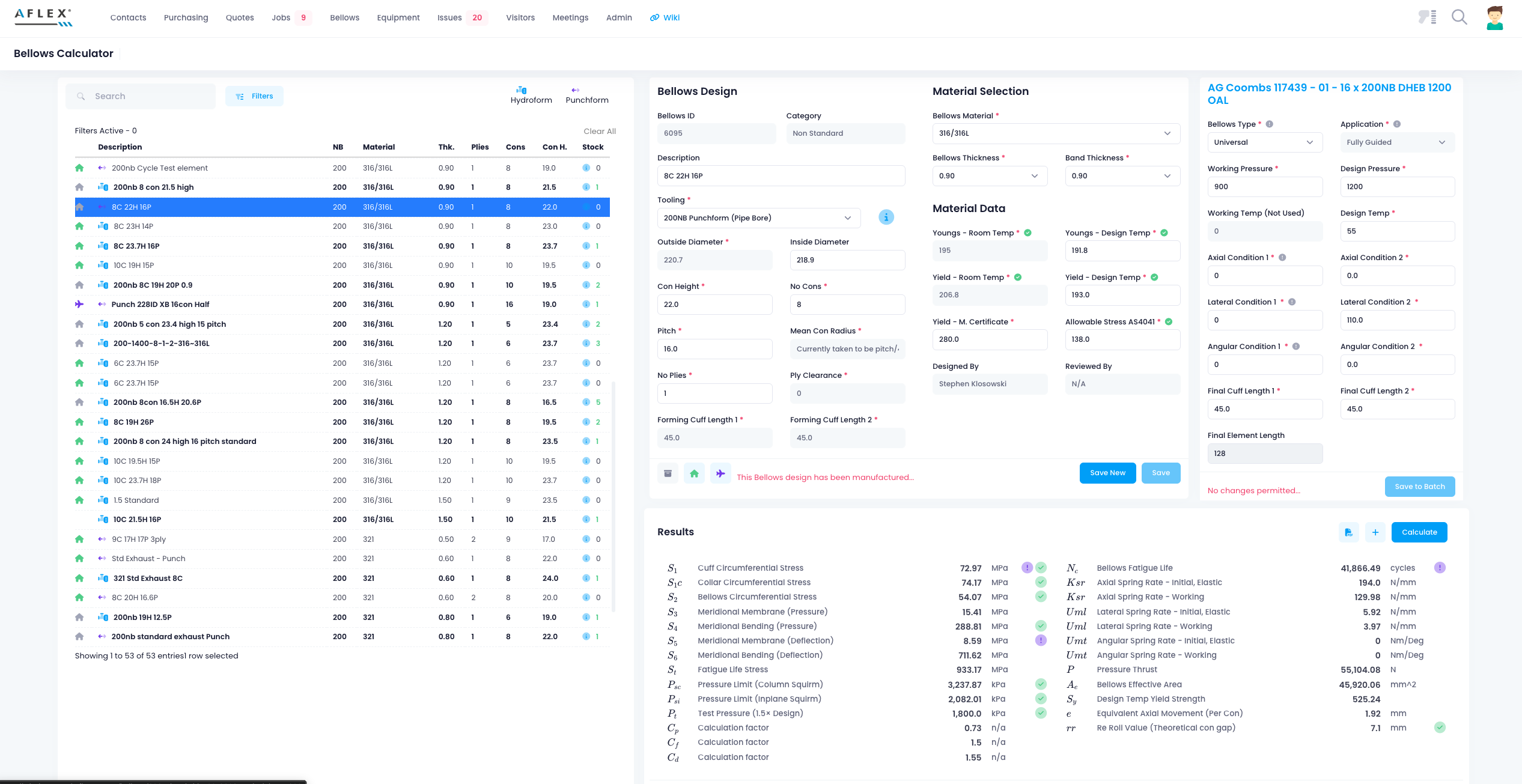 Aflex bellows calculator - engineering inputs, material selection and live results