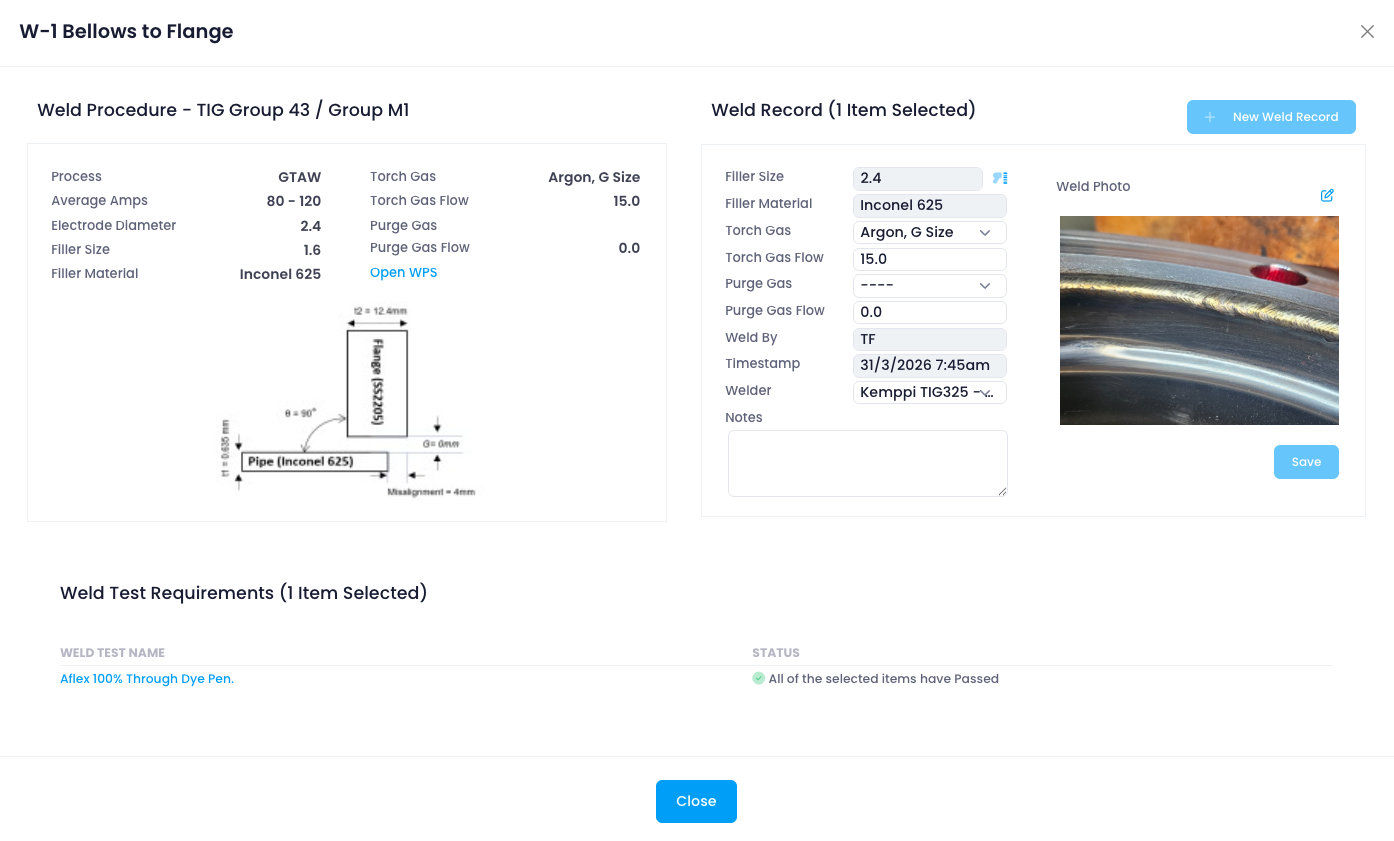 Welding module - WPS procedures, live weld records and weld photos
