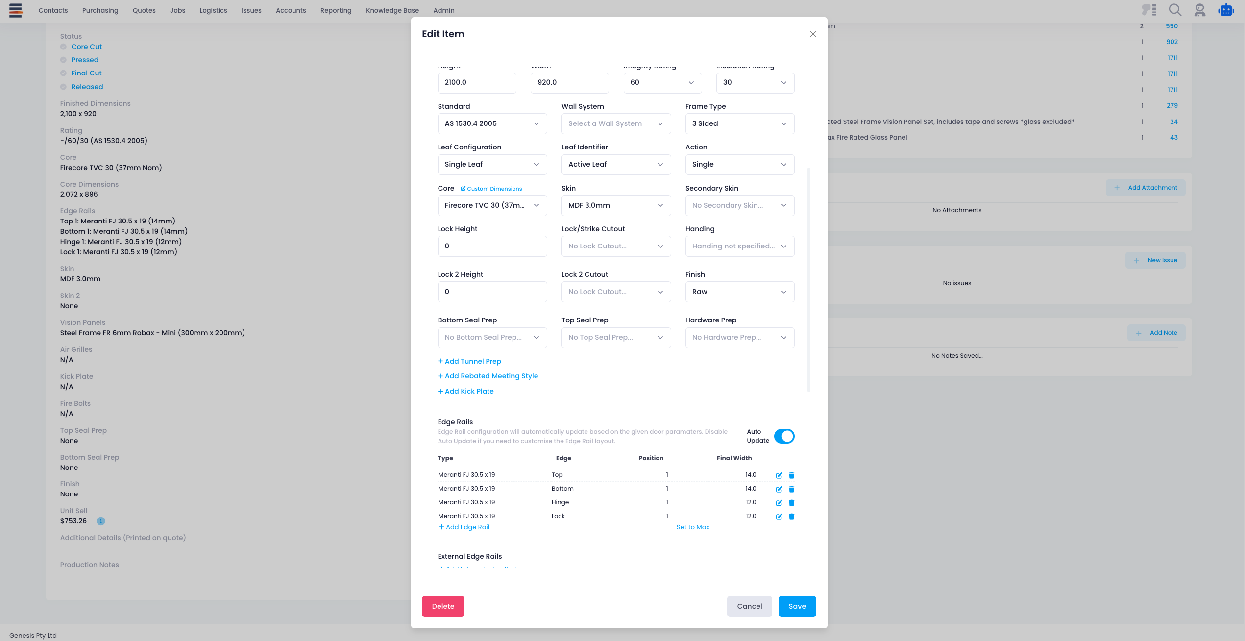 Doorpac job editor - door and frame configuration with live pricing